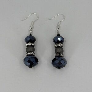 🟣 Navy Crystal and Silver Dangle Earrings Upcycled